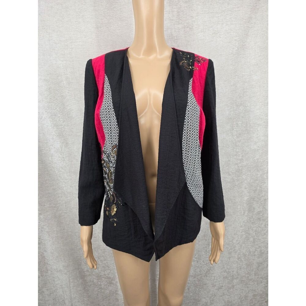 Chico's Womens Open-Front Black & Red Draped Cardigan Jacket Sequin Embroidery